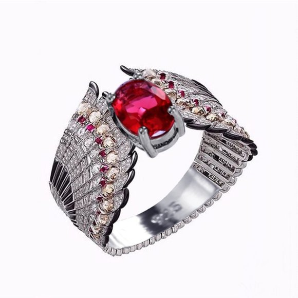 🎁 Ethnic Oval Red Ruby Zircon Wings Vintage Silver Ring for Women, PD596 - Picture 2 of 7